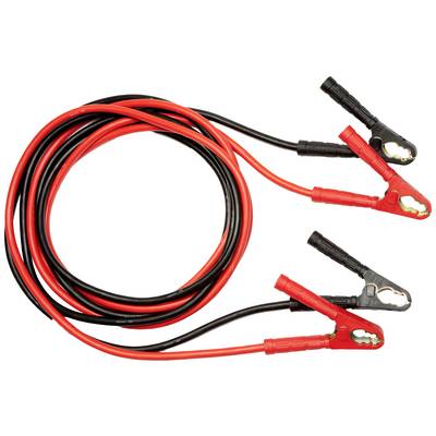Cavi di avviamento rossi e neri con morsetti, disposti uno accanto all'altro.