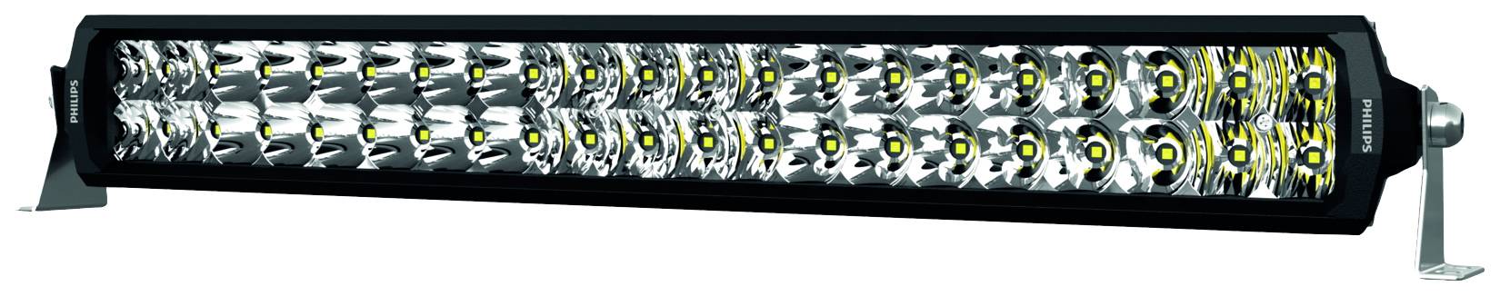 Una barra luminosa a LED con numerose diodi illuminanti, montata su una cornice nera. È adatta all'utilizzo su veicoli.