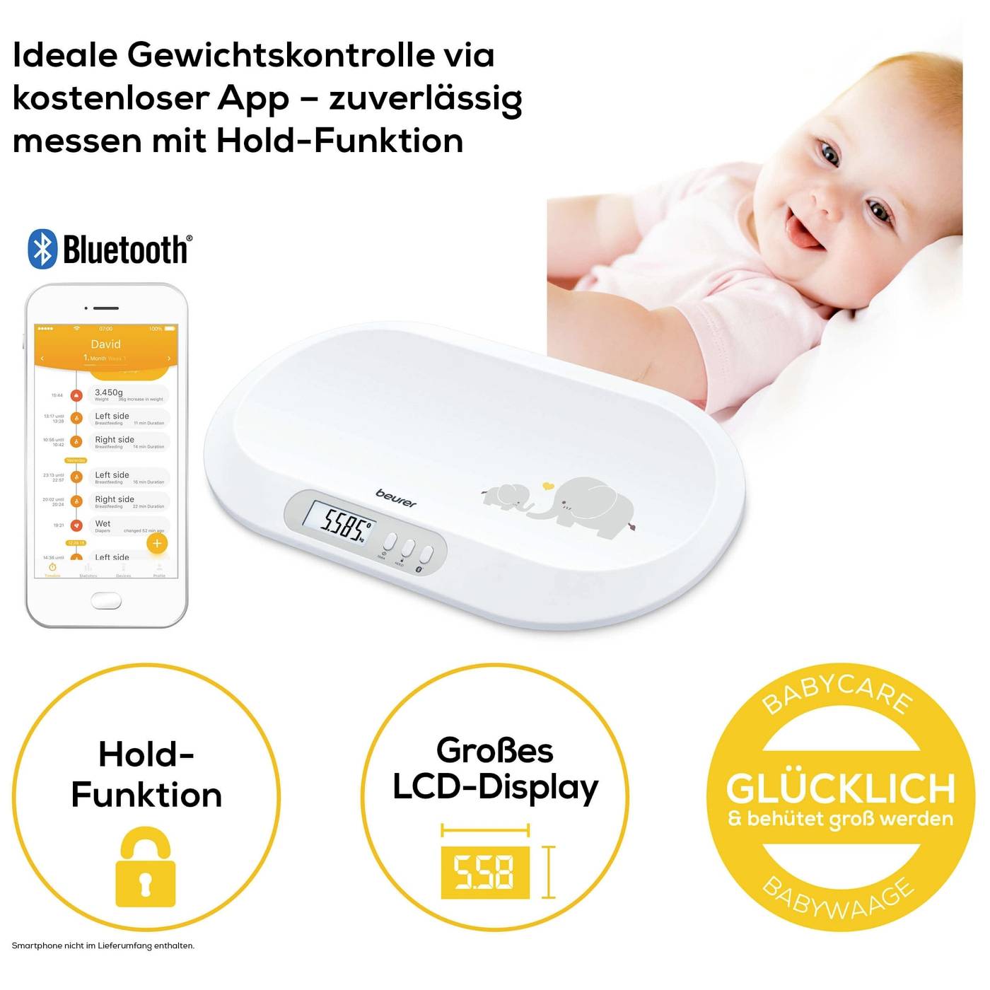 Bilancia per neonati con display LCD, compatibilità Bluetooth, funzione di fermo, ideale per il controllo del peso. Un bambino felice sorride.