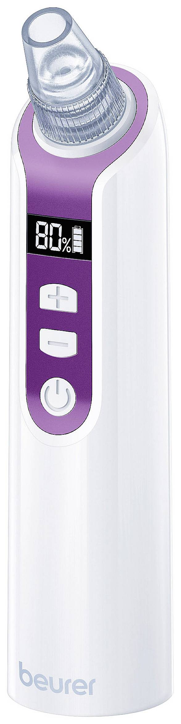 Dispositivo elettrico per la pulizia dei pori con accento di colore viola, display digitale e tasti di controllo.
