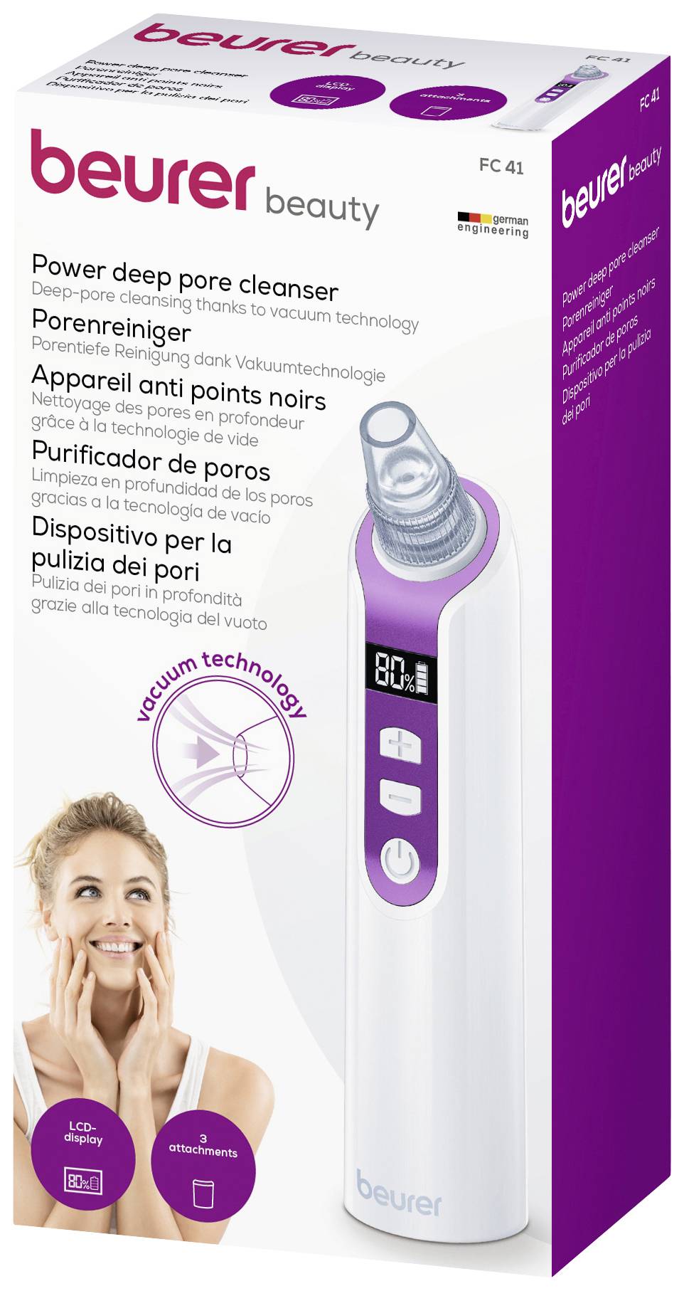 Confezione di un detergente per pori del marchio Beurer. Contiene un aspiratore per pori con display. Pubblicità per la 'tecnologia a vuoto'.