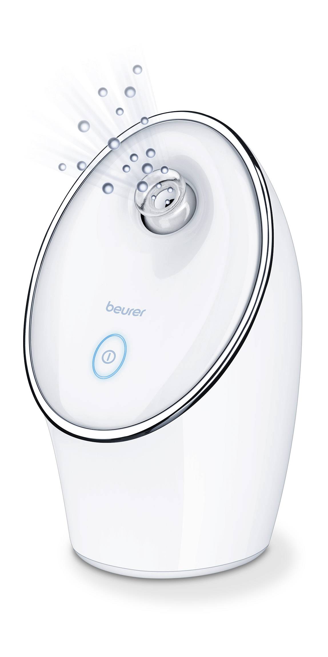 Inalatore a vapore Beurer, design ovale bianco con pulsante centrale e apertura che emana vapore.