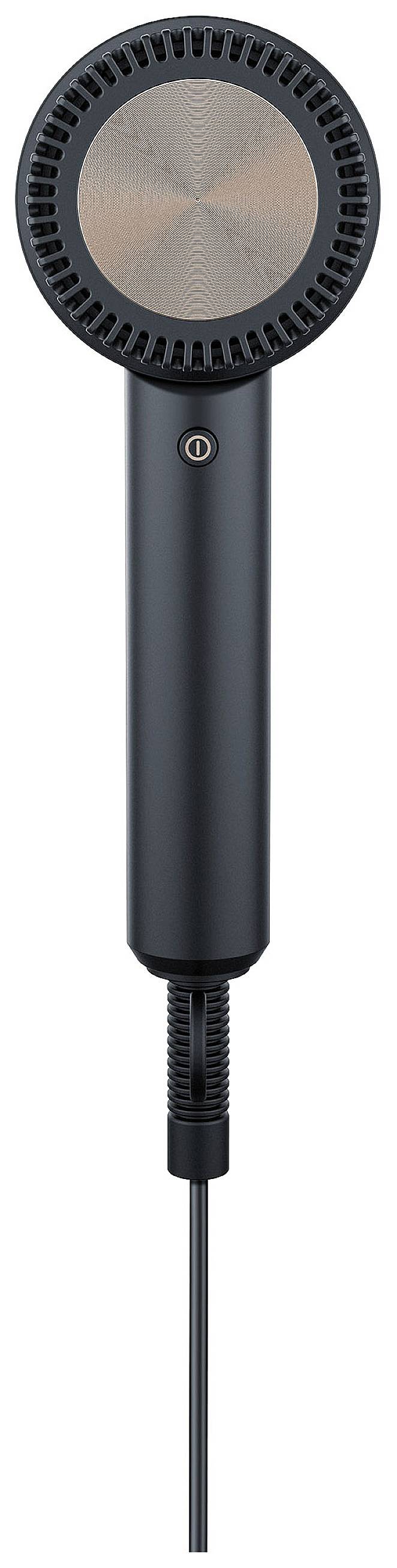 Un asciugacapelli nero moderno con testa rotonda, manico liscio e cavo elettrico.