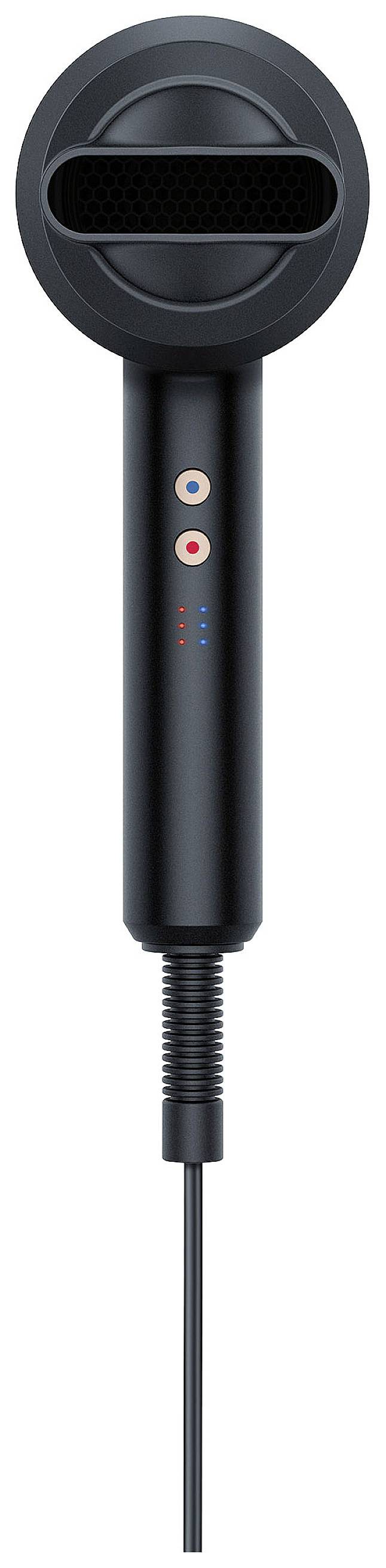 Asciugacapelli nero di design moderno con due tasti e indicatori LED.