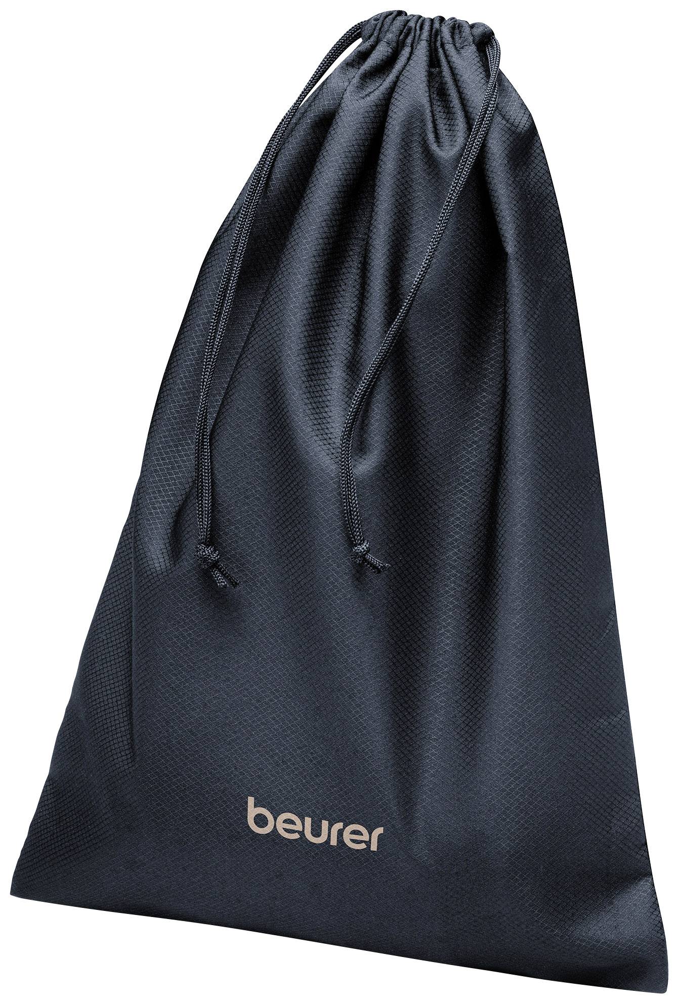 Borsa di stoffa scura con laccetti, su cui è scritto in piccolo il nome 'beurer'.