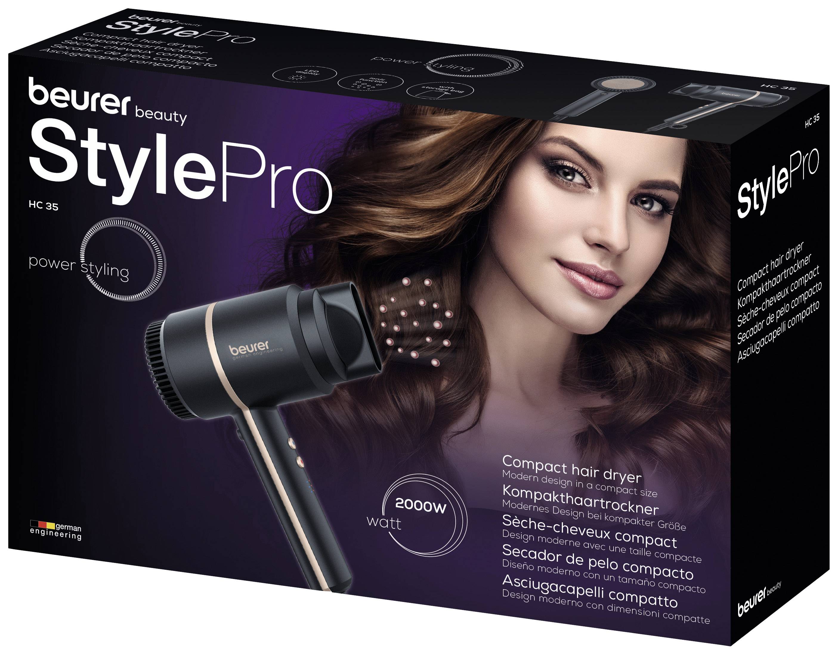 Confezione dell'asciugacapelli Beurer StylePro HC 35 che mostra l'immagine di una donna con capelli ben sistemati e l'apparecchio. Il testo menziona "Asciugacapelli compatto da 2000W".