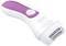 Epilatore elettrico con manico bianco e dettagli viola. Dispositivo per la rimozione dei peli con pinzette rotanti sul lato anteriore.