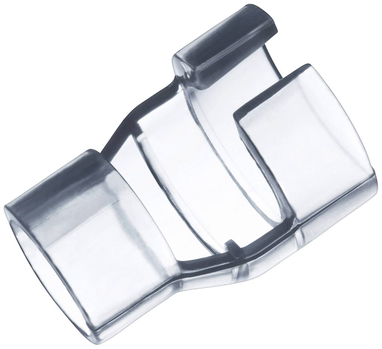 Connettore trasparente in plastica con due aperture parallele per collegare tubi o condotti.