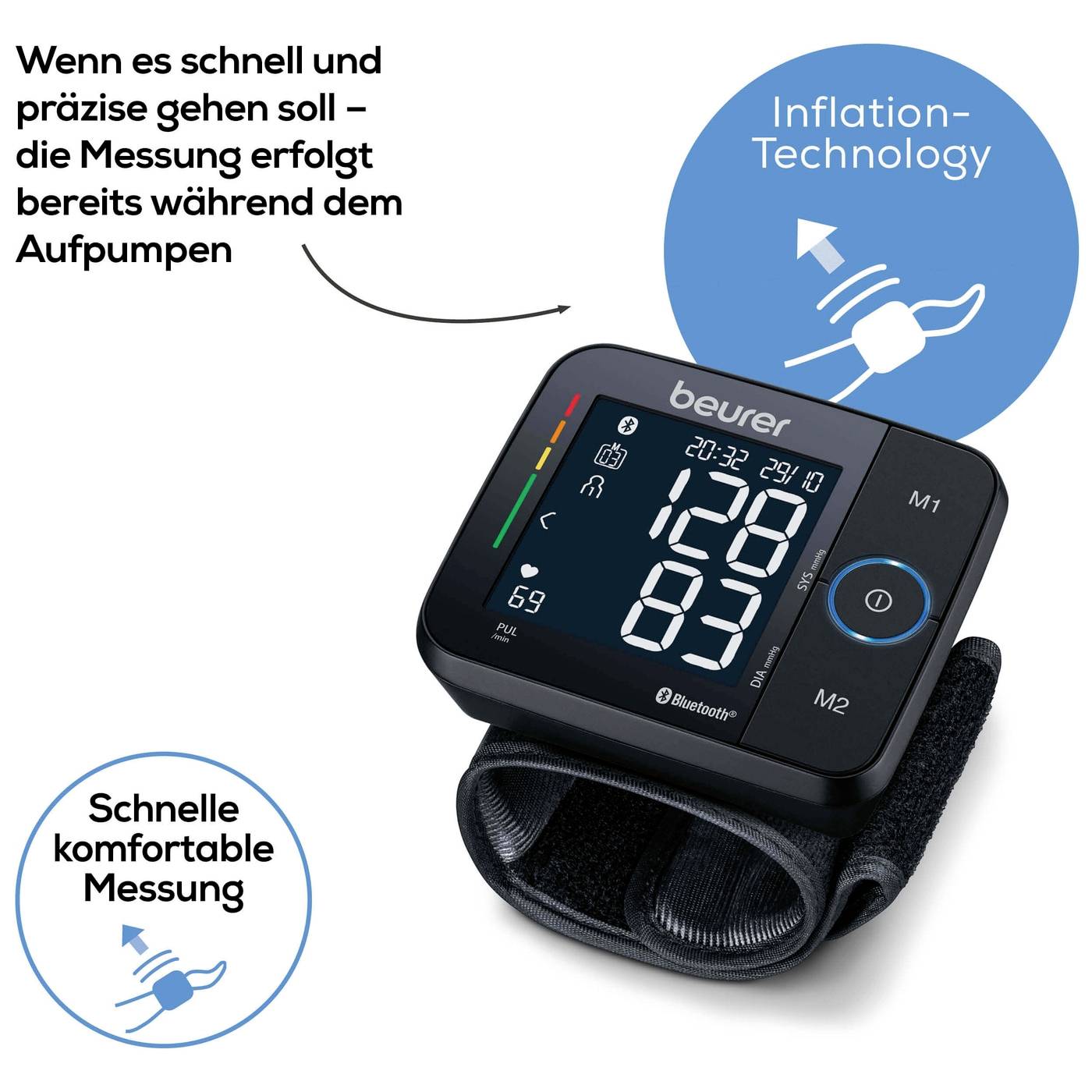 Un misuratore di pressione con testo: 'Quando serve rapidità e precisione – la misurazione avviene già durante il gonfiaggio.'
