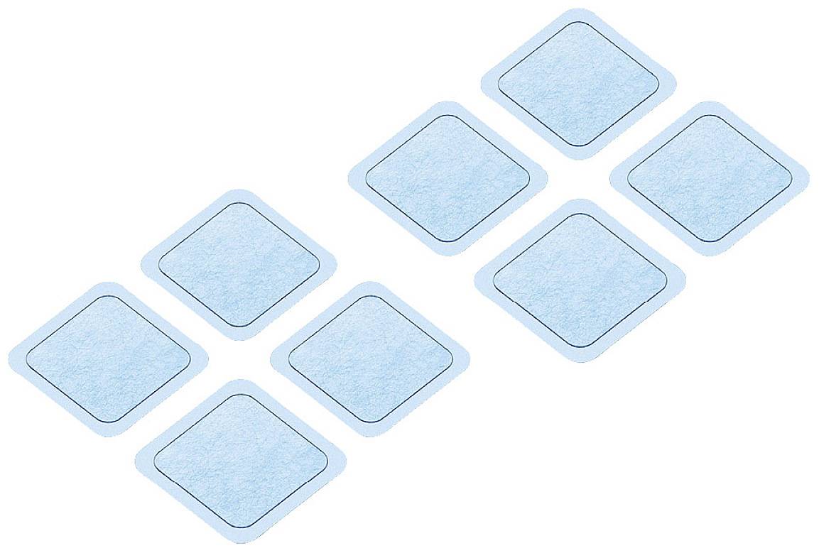 Otto cerotti blu a forma quadrata con angoli arrotondati, disposti in due file parallele su sfondo bianco.
