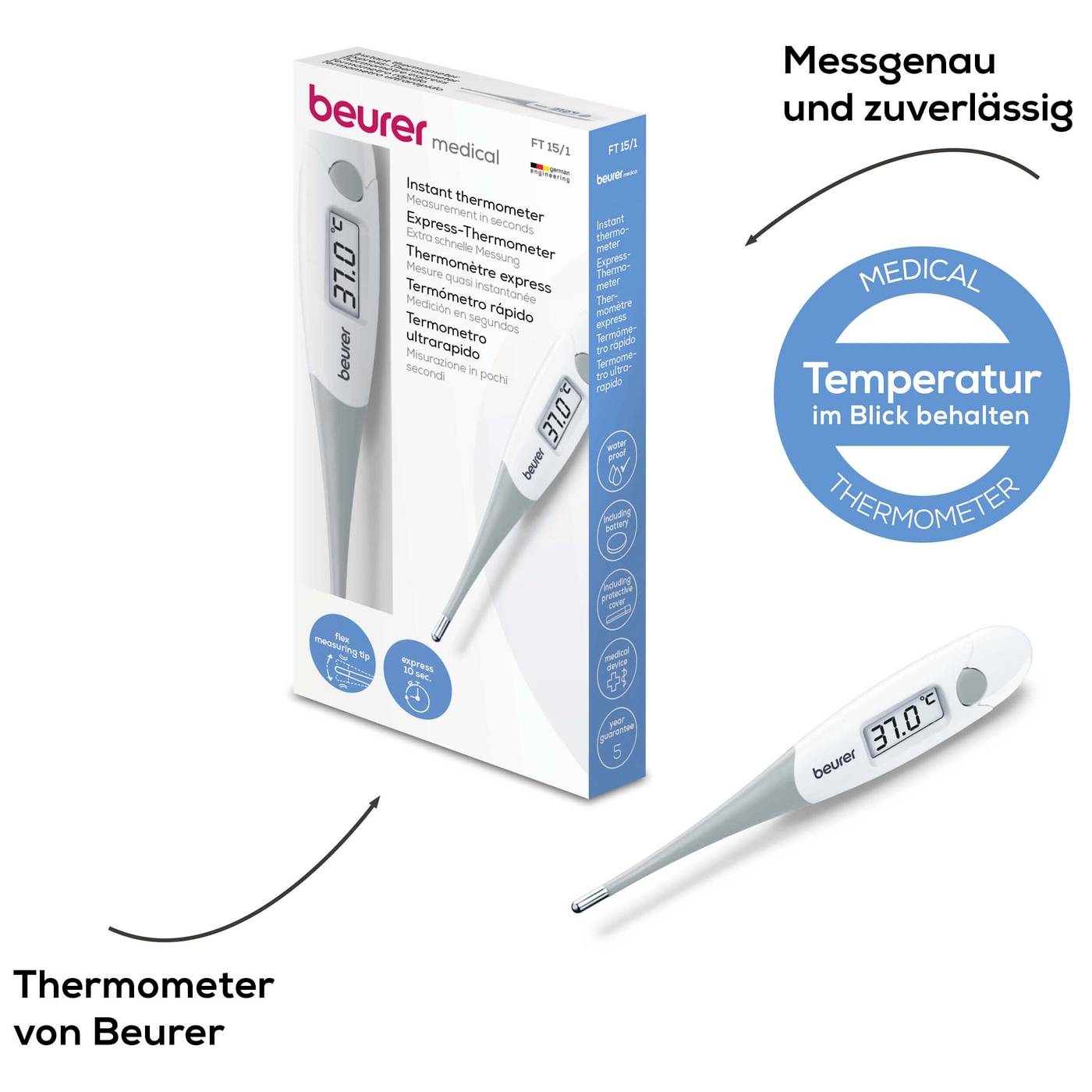 'Termometro Beurer, preciso e affidabile. Confezione mostra l'immagine del prodotto e la scritta "Medical Tenere sotto controllo la temperatura".'