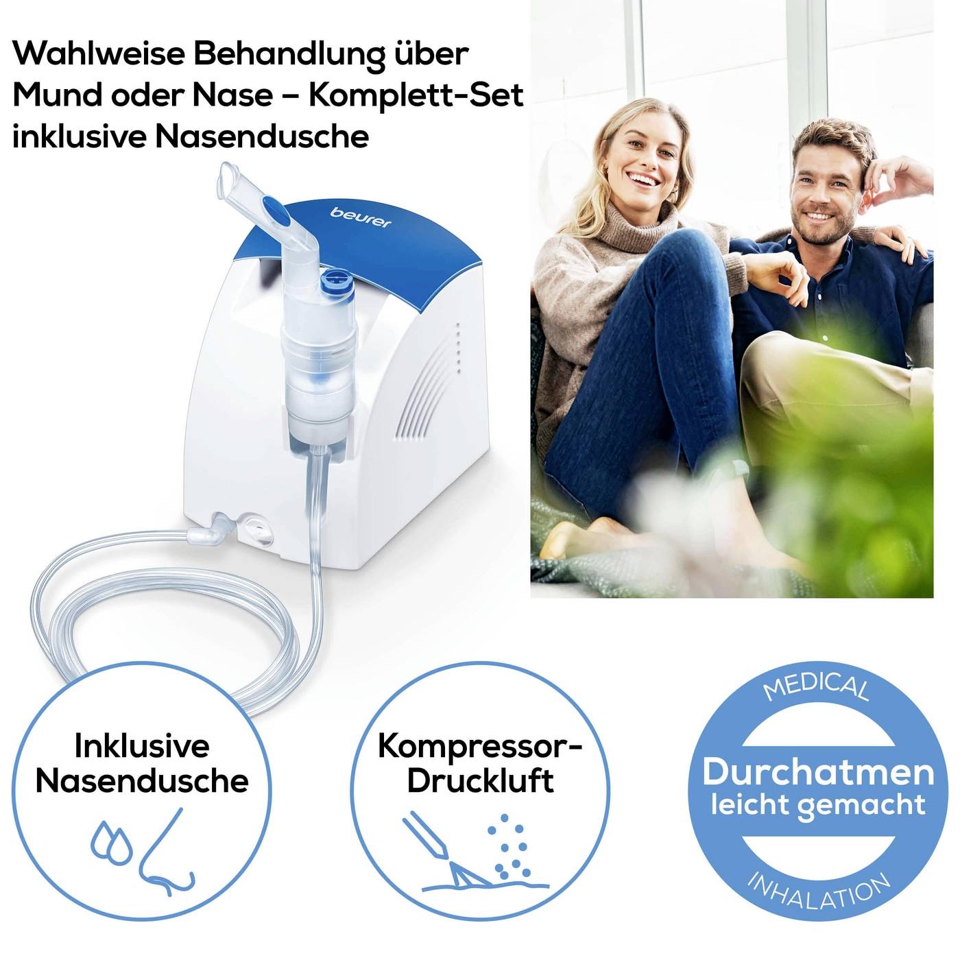 Un set inalatore con compressore che consente il trattamento attraverso bocca o naso. Include doccia nasale. Testo: 'Inalazione Medica - Respirare diventa facile'.