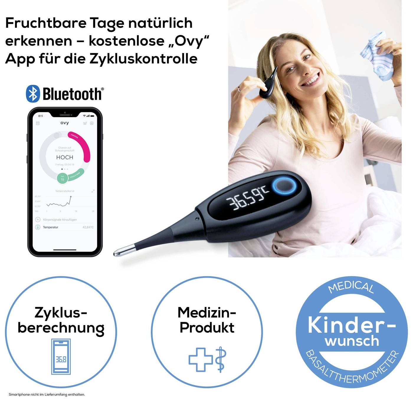 Pubblicità di un termometro basale Bluetooth per il monitoraggio del ciclo con l'app Ovy. L'immagine mostra una donna che misura la temperatura e uno screenshot dell'app.