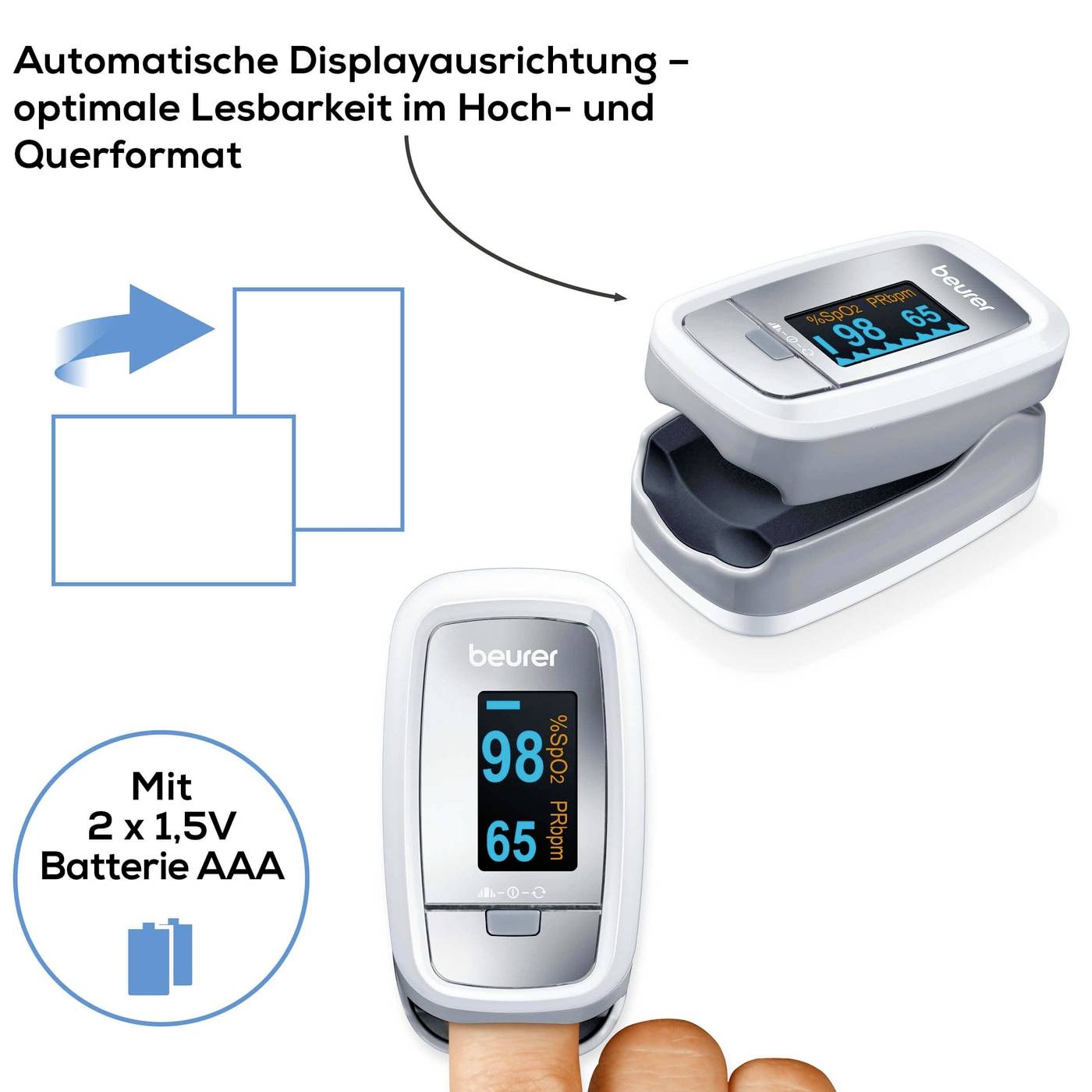 Pulsossimetro digitale con display rotante per una facile leggibilità. Mostra la saturazione di ossigeno (SpO2) e la frequenza cardiaca. Funzionante a batteria.