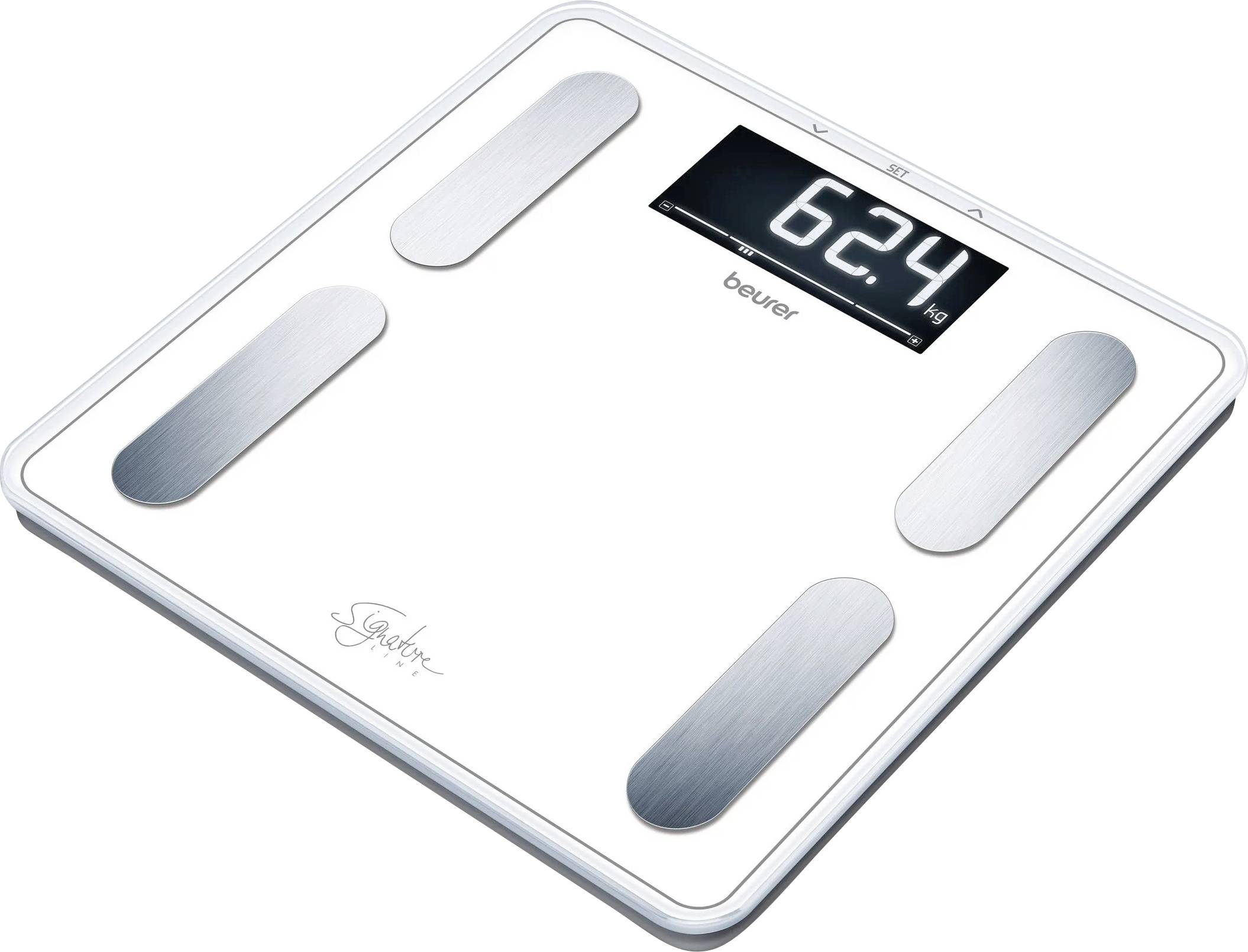 Bilancia elettronica con display digitale che mostra '62,4 kg'. Sensori argentati su una superficie bianca.