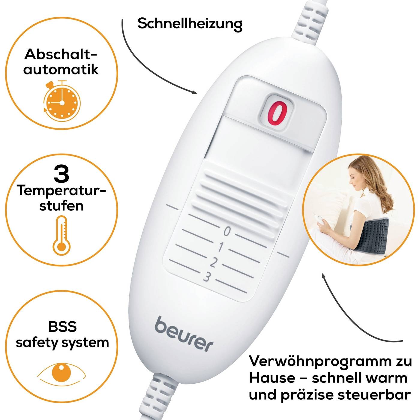 'Cuscino riscaldante con spegnimento automatico, 3 livelli di temperatura, riscaldamento rapido, sistema di sicurezza BSS. Adatto per applicazioni di calore confortevoli a casa.'