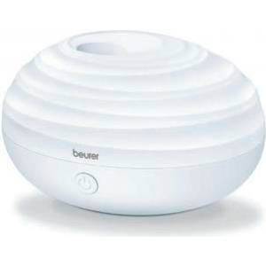 Un umidificatore rotondo bianco con superficie a coste e un'uscita centrale. Il nome del marchio 'beurer' è sulla parte anteriore.