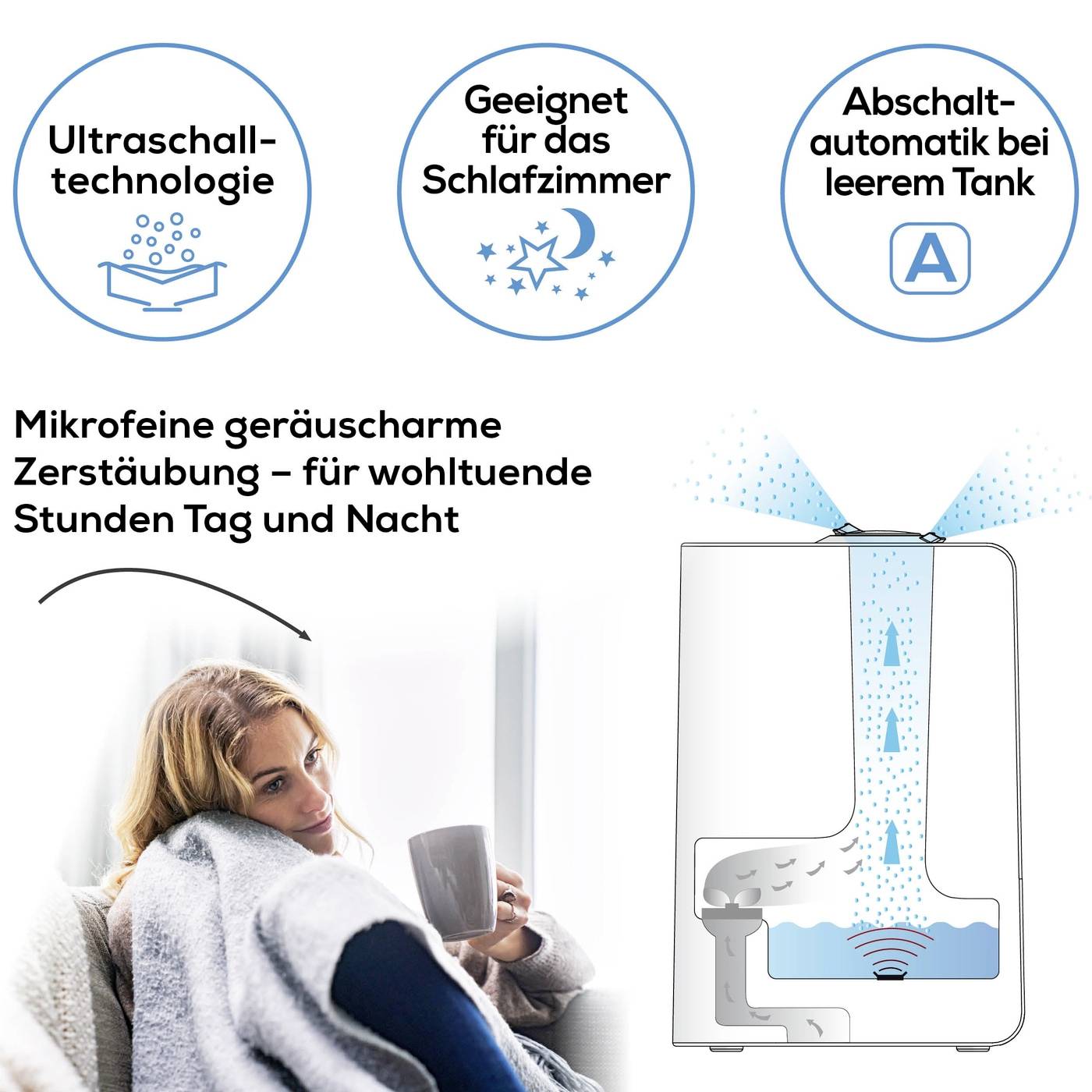Umidificatore ad ultrasuoni con spegnimento automatico. Ideale per camere da letto. Donna che si rilassa con una bevanda accanto.