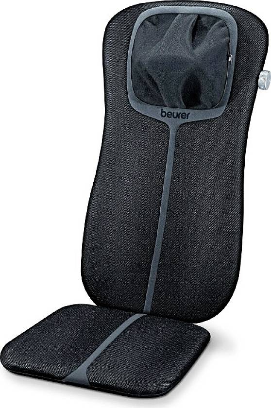 Rivestimento per seduta da massaggio in nero con accenti grigi, sviluppato per il rilassamento ergonomico e il supporto della schiena.