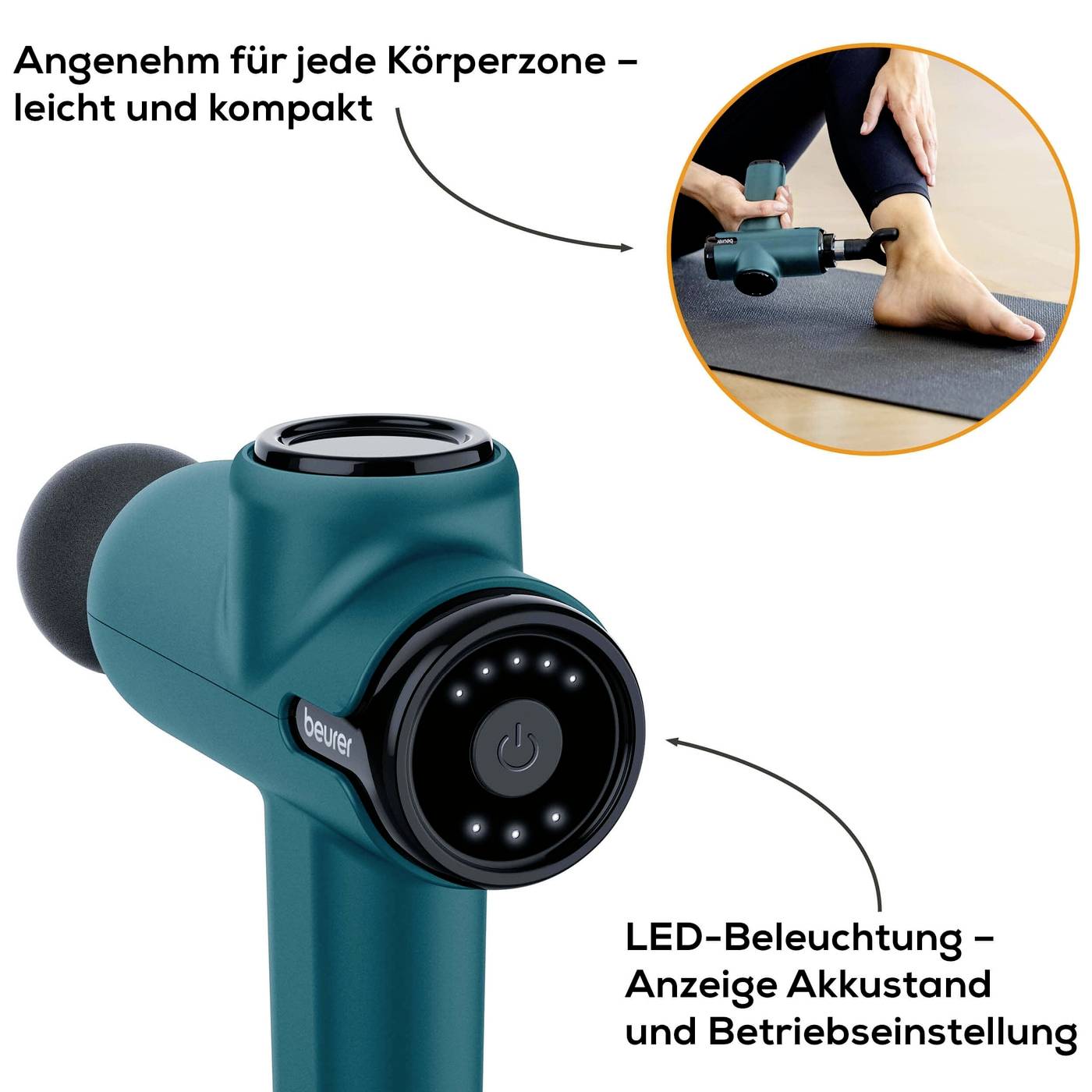 Dispositivo per massaggi con display LED che si adatta comodamente alla mano. Adatto a diverse zone del corpo. Testo 'Piacevole per ogni zona del corpo - leggero e compatto'.