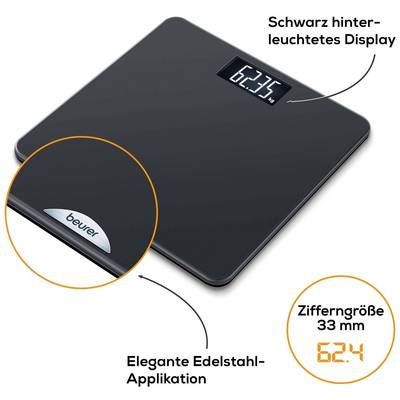 'Bilancia digitale per persone in nero con display retroilluminato. Mostra un peso di 62,4 kg. Applicazione in acciaio inox sul bordo.'
