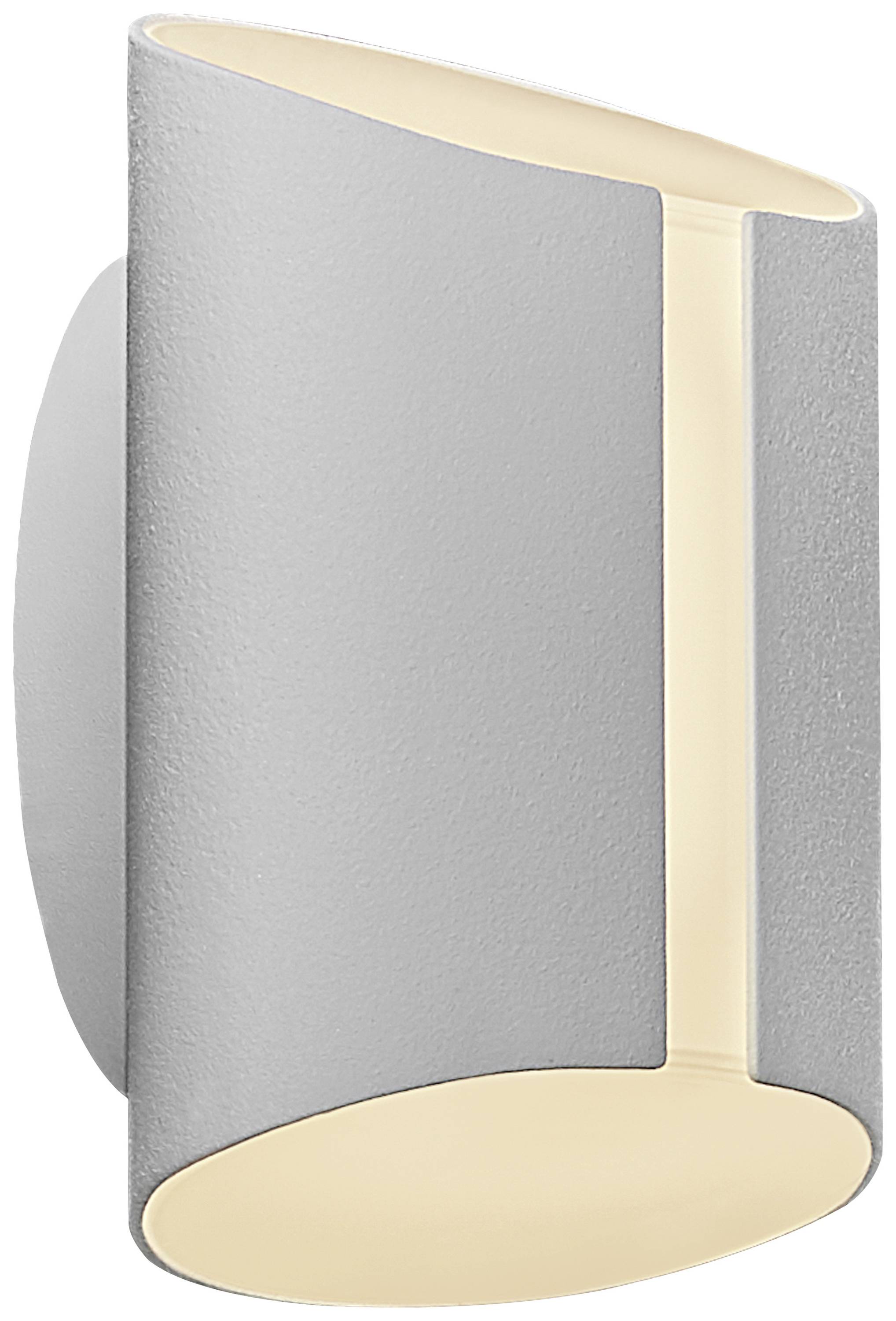 Applique murale moderna con design ovale e curvato, che emana una luce soffusa dai lati.