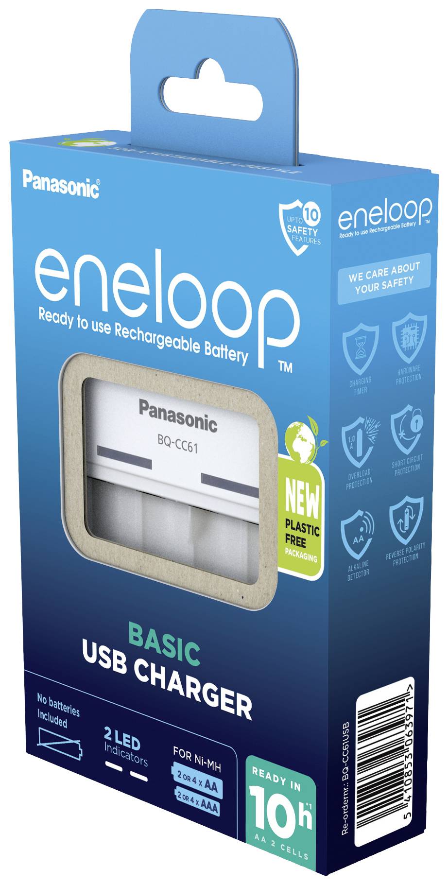 Confezione di un caricabatterie 'Panasonic eneloop'. Mostra il caricabatterie ed enfatizza 'PRONTO IN 10h' e 'Nuova Plastica Free'.