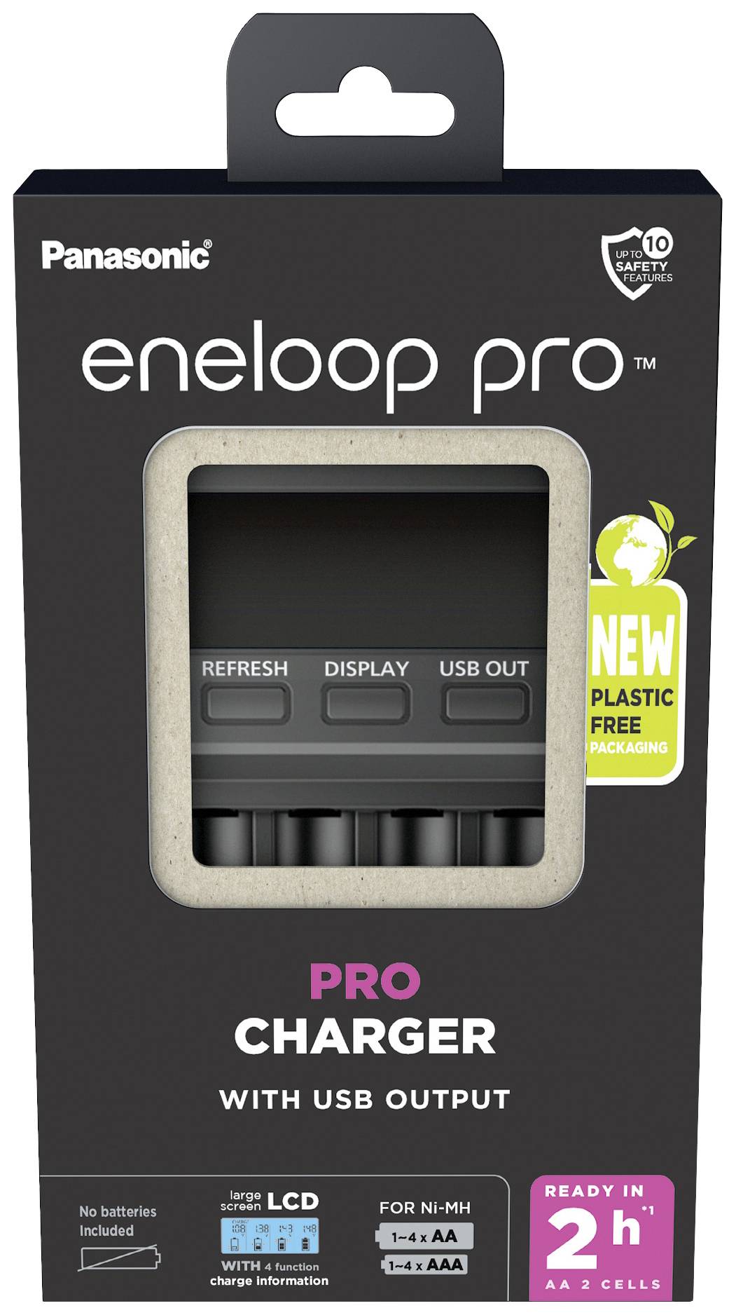 Caricabatterie 'Eneloop Pro' con uscita USB in confezione ecologica. Include funzioni come Refresh, Display e Uscita USB.