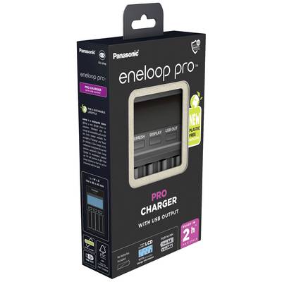 Confezione del caricabatterie Panasonic eneloop pro con uscita USB e display LCD. Stampigliature: 'Per Ni-MH' e 'Pronto in 2 ore'.