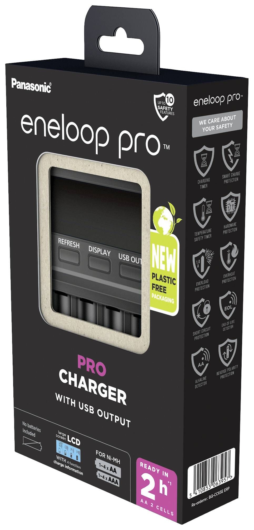Caricabatterie per batterie Eneloop Pro con uscita USB, nuovo imballaggio privo di plastica. Tempo di ricarica di 2 ore per 2 batterie. Panasonic.