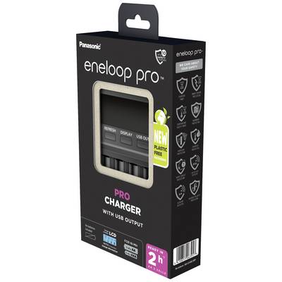 Caricabatterie per batterie Eneloop Pro con uscita USB, nuovo imballaggio privo di plastica. Tempo di ricarica di 2 ore per 2 batterie. Panasonic.
