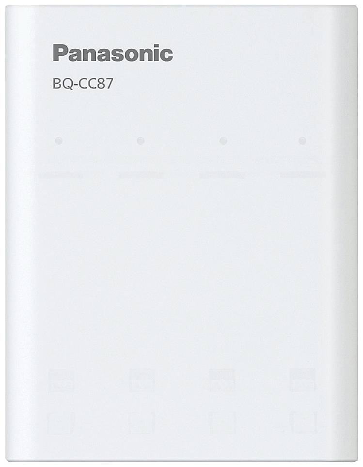 Caricabatterie bianco Panasonic BQ-CC87, con quattro slot di ricarica e spie luminose sulla parte superiore.