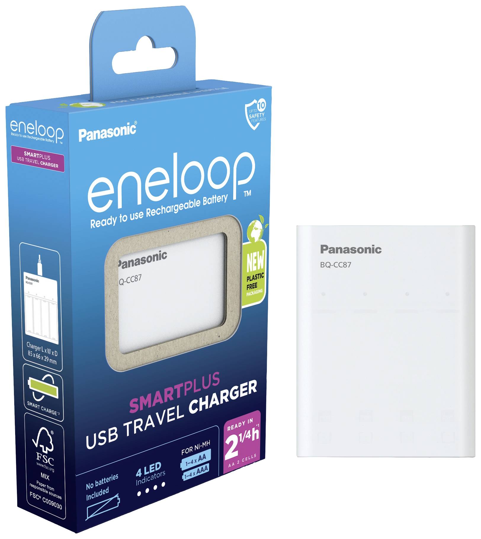 Caricabatterie USB Panasonic, adatto per batterie ricaricabili. Confezione blu e bianca con immagine del prodotto.