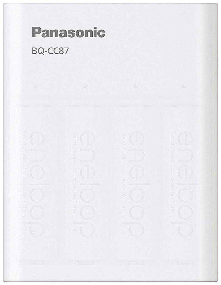 Stazione di ricarica Panasonic BQ-CC87 bianca con quattro batterie Eneloop inserite, parzialmente visibili attraverso l'alloggiamento traslucido.