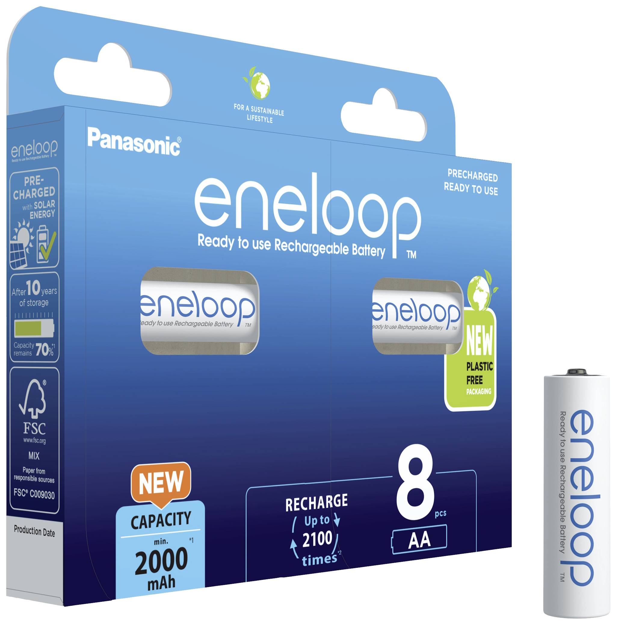 'Panasonic eneloop' Confezione con 8 batterie ricaricabili AA, capacità 2000 mAh, fino a 2100 cicli di carica.
