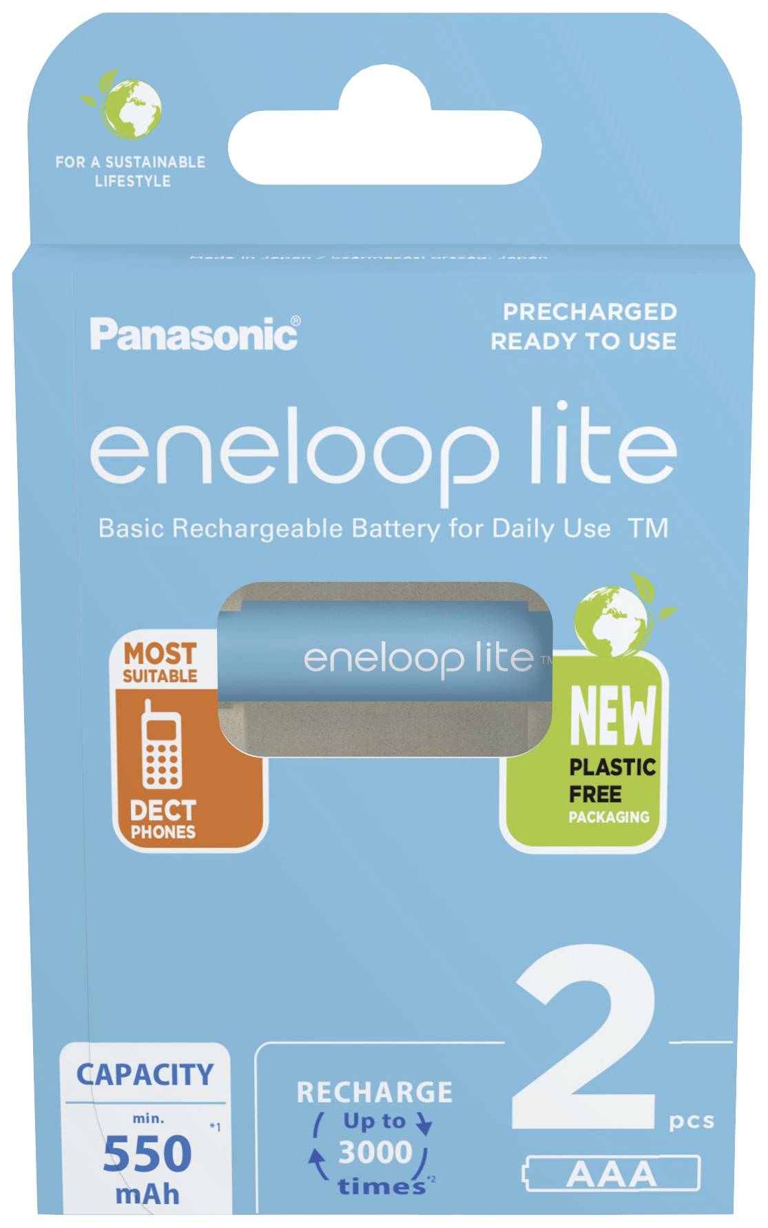 Una confezione di batterie ricaricabili Panasonic eneloop lite AAA da 550 mAh, adatte per telefoni DECT. La confezione è priva di plastica.