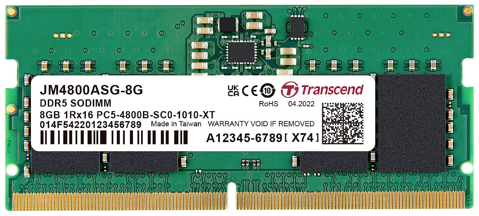 Una barretta RAM SO-DIMM DDR5 verde Transcend, capacità di 8GB, modello JM4800ASG-8G, con adesivo bianco; "Prodotto a Taiwan".