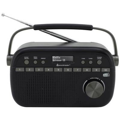 Una radio portatile nero-grigia con impostazioni digitali, controllo del volume e antenna. Il display mostra '80s80s'.