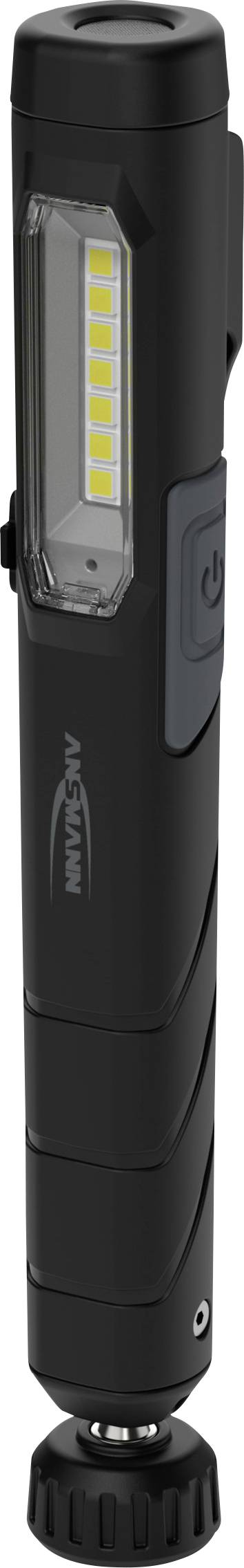 Una torcia nera, alimentata a batteria, con luci LED laterali e un interruttore di accensione e spegnimento. Ideale per un'illuminazione versatile.