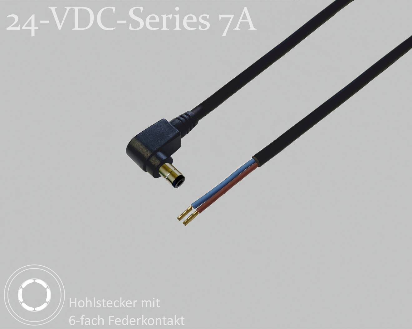 Cavo serie '24-VDC-7A' con spinotto cavo e contatto a molla a 6 vie, idoneo per connessioni elettriche.