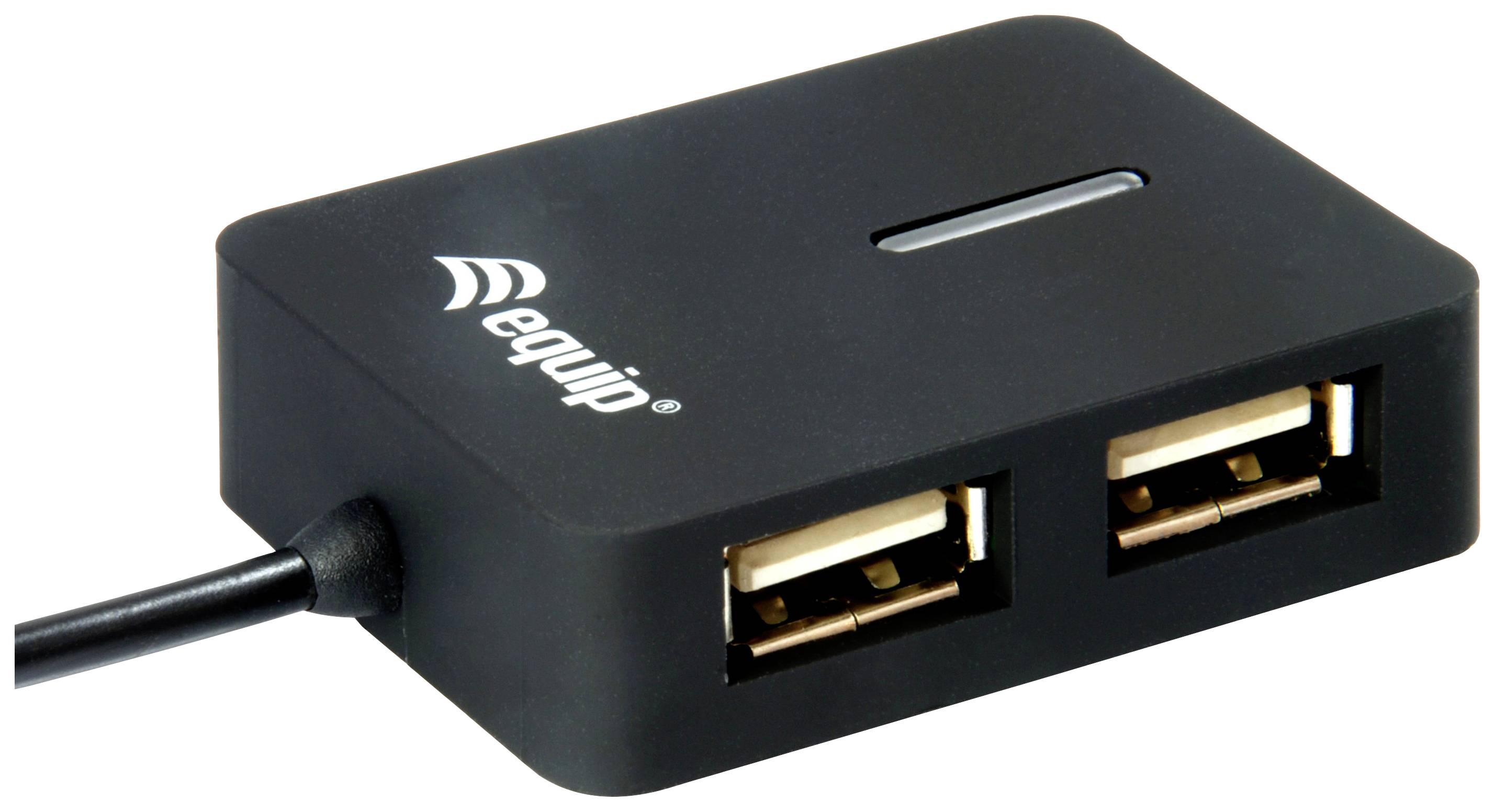Hub USB nero con due porte USB, nome del marchio visibile in alto.