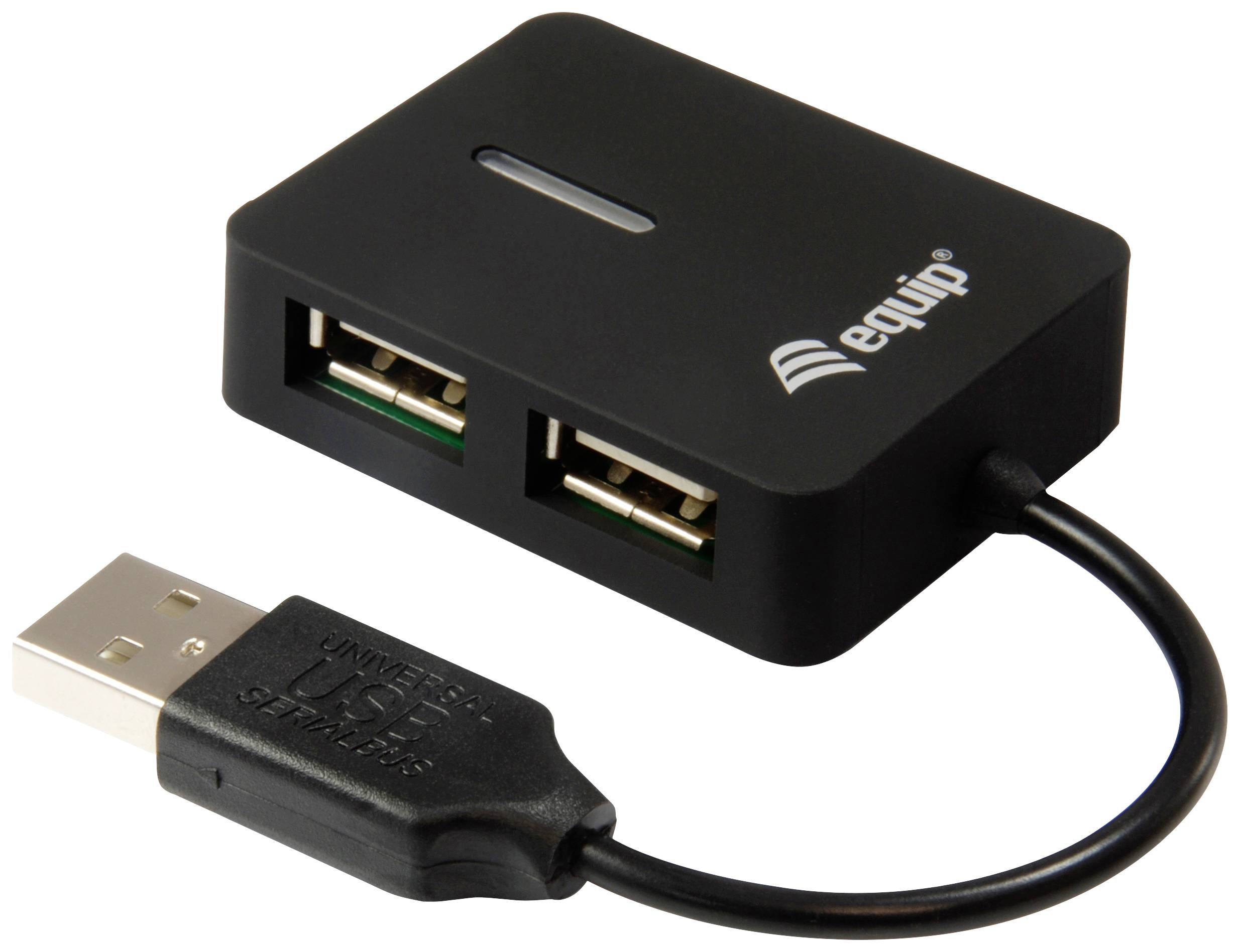 Un adattatore USB nero con due porte USB e un breve cavo con una spina USB.