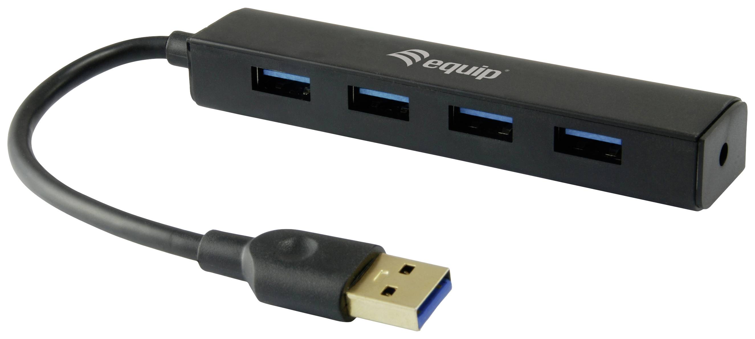 Hub USB con quattro porte USB 3.0 e un cavo nero. Il marchio è "equip".