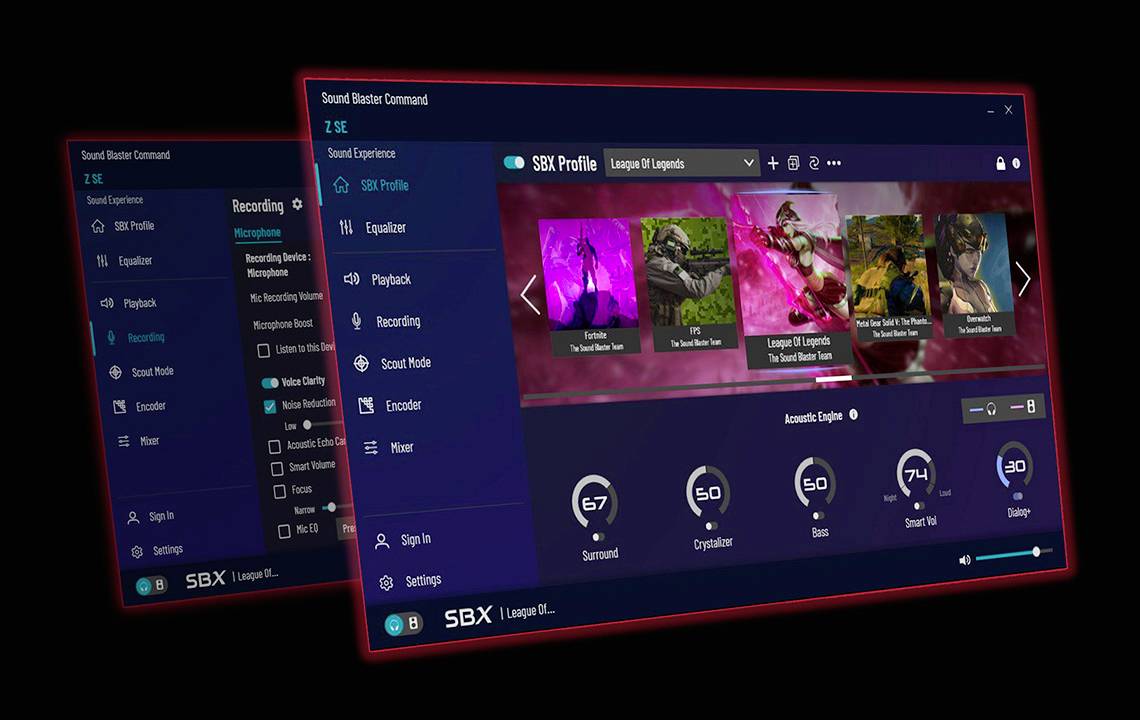 L'interfaccia software del programma 'Sound Blaster Command' mostra le impostazioni audio, inclusi l'equalizzatore e i profili SBX.