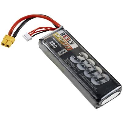 Un pacco batteria LiPo rettangolare Reely con la scritta '3800 mAh' e '20C' sulla superficie, con due cavi collegati.