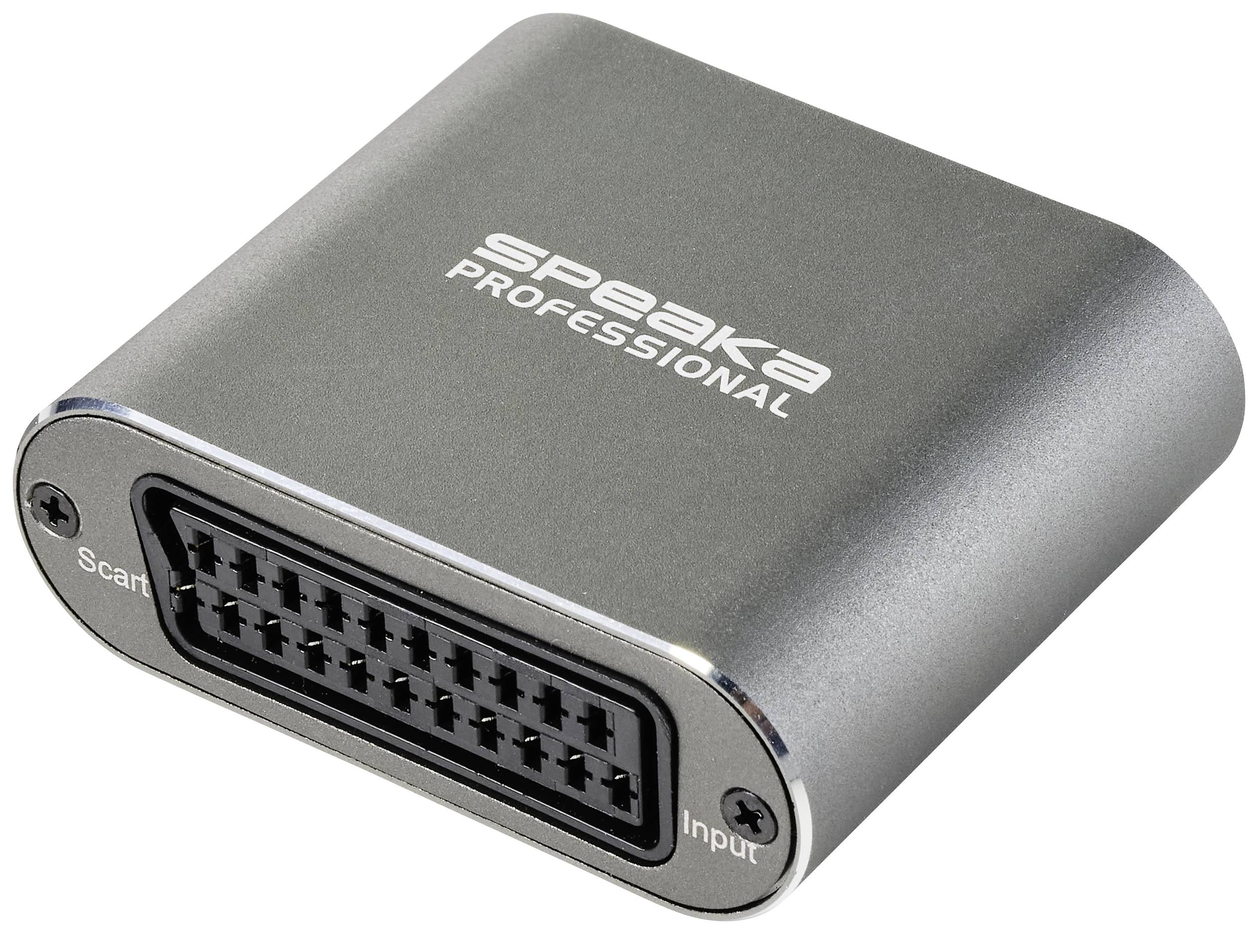 Convertitore grigio da Scart a HDMI di 'Speaka Professional' con porta di connessione, contrassegnata con 'Scart' e 'Input'.