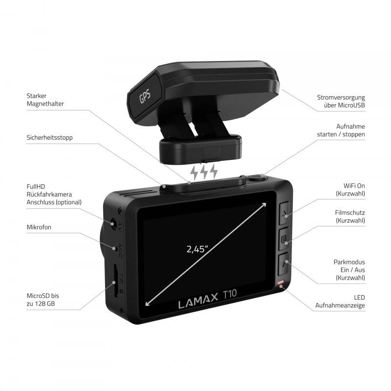 'Dashcam GPS con display da 2,45", MicroSD fino a 128 GB, connessione telecamera posteriore FullHD, WLAN, microfono, funzioni di sicurezza.'