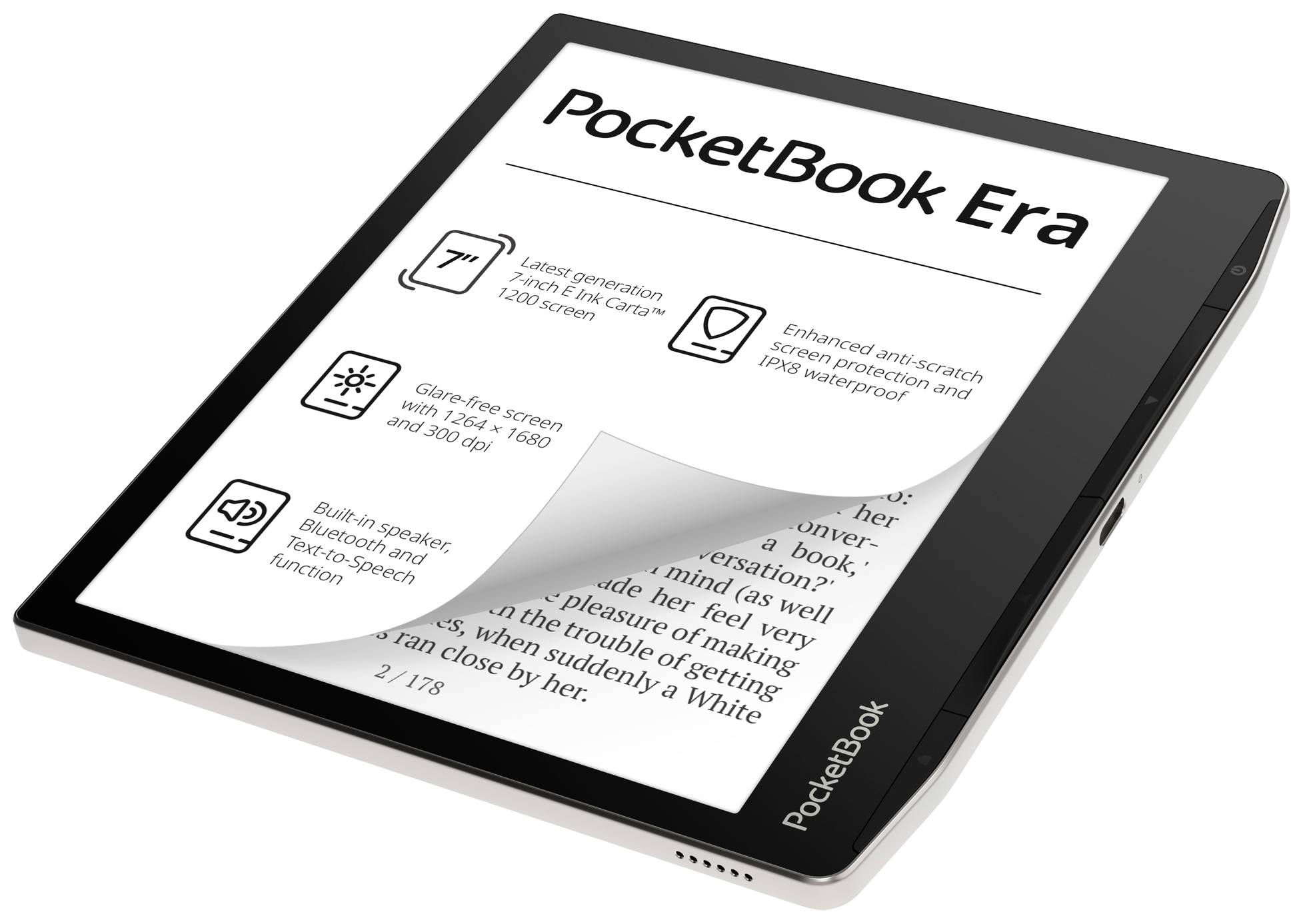 Un e-reader con visualizzazione dell'interfaccia di PocketBook Era. Lo schermo mostra testo e simboli per funzioni come opzioni di illuminazione e audio.