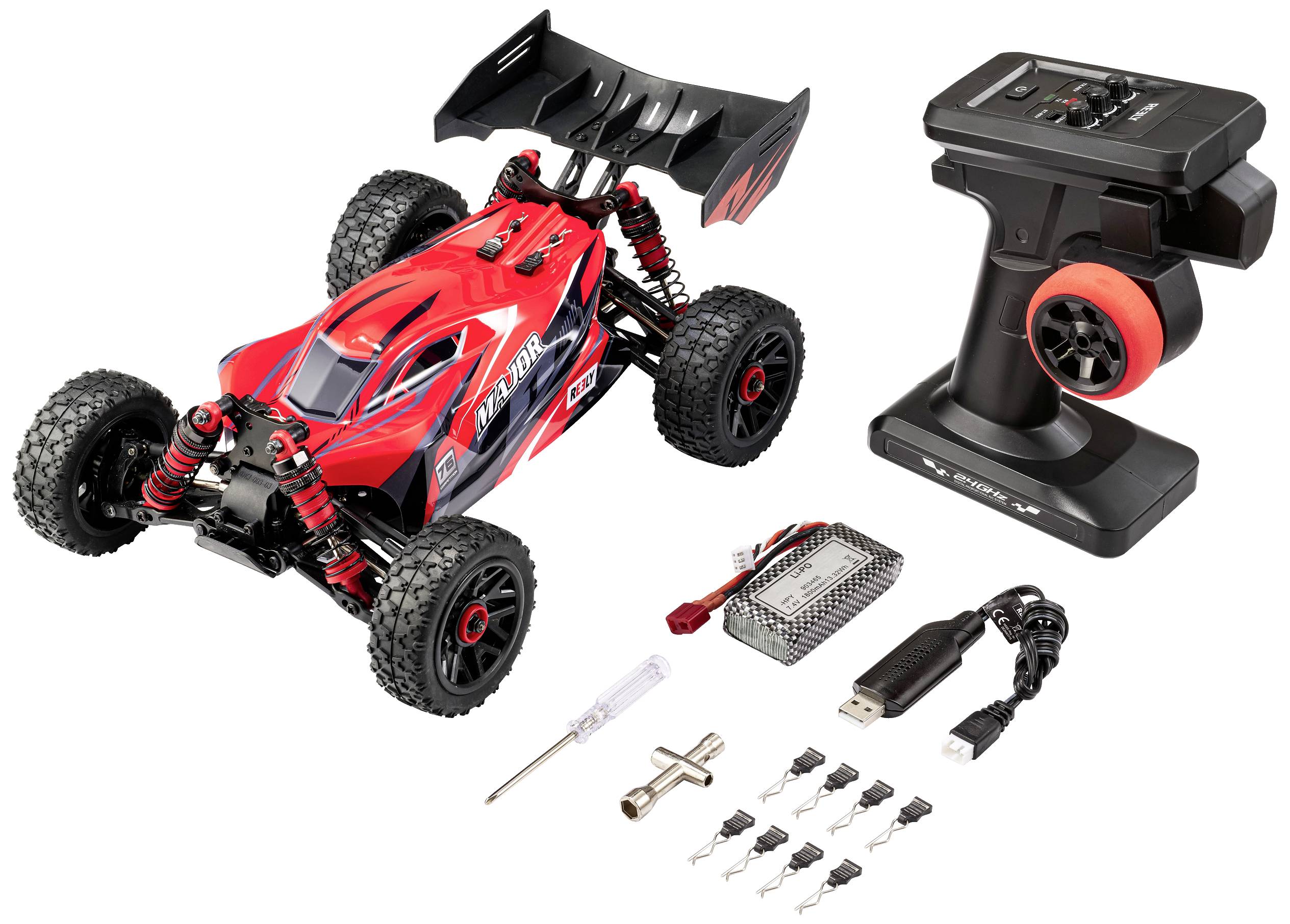 Auto telecomandata rossa con accessori, tra cui un caricabatterie, batterie, cacciavite e un telecomando.