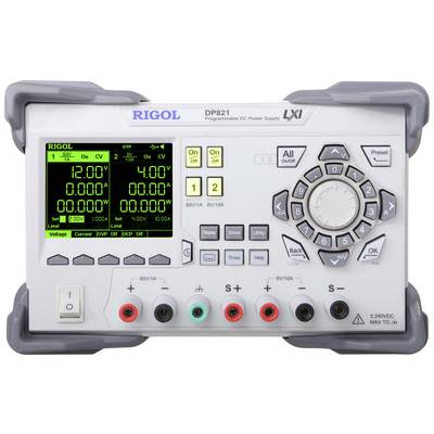 Dispositivo elettronico di alimentazione da laboratorio con display digitale che mostra i valori misurati. Tasti di controllo e connessioni sono visibili. Modello: Rigol DP821.